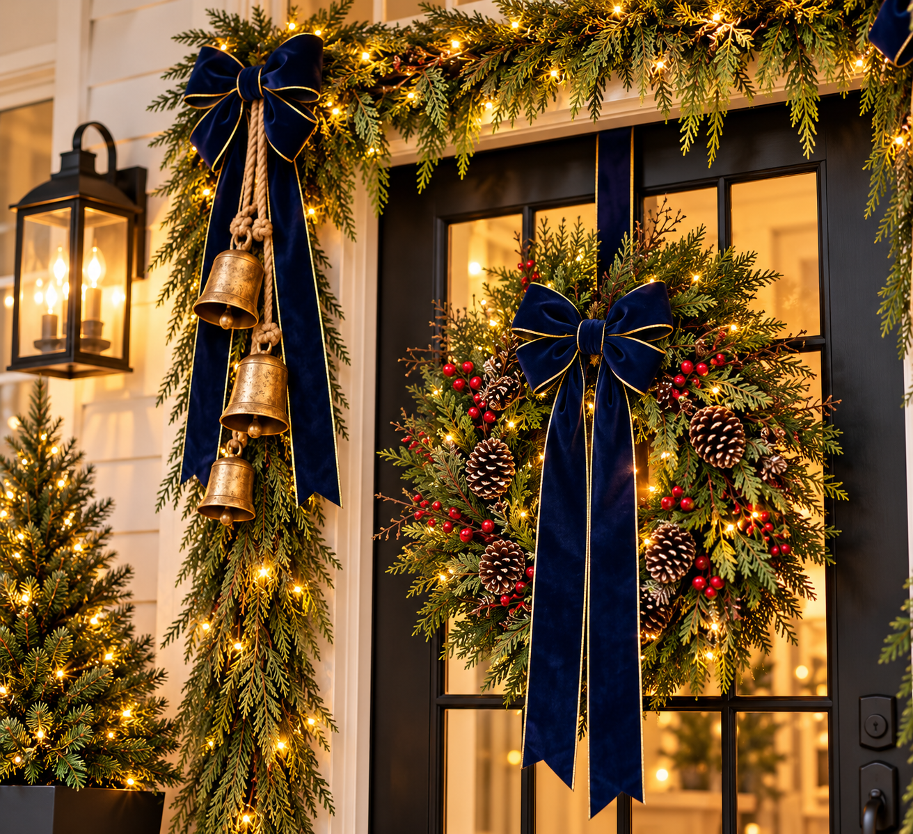 Antique brass Christmas bells on jute rope hanging from a cedar garland beside the front door