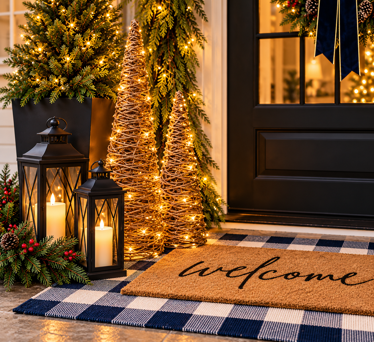 Natural coir Welcome doormat layered over a navy and white buffalo-check rug on a Christmas front porch