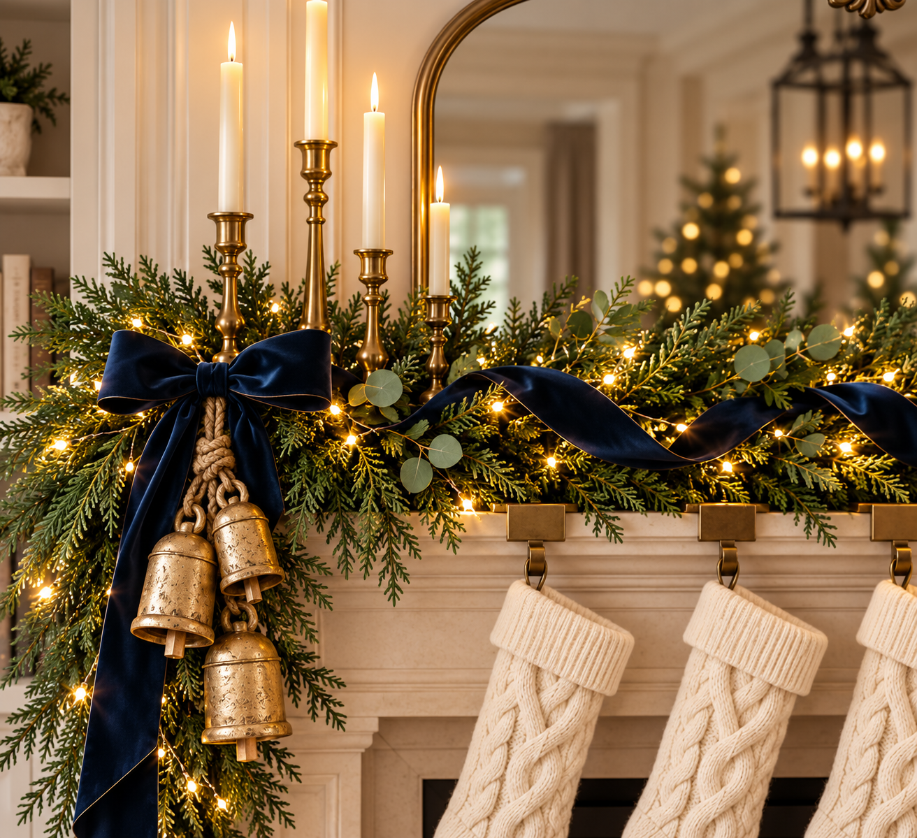 Close-up of a Christmas mantel with evergreen garland, navy velvet ribbon, antique brass bells and ivory taper candles in brass holders
