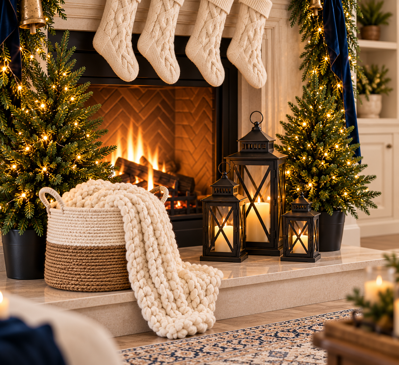 Christmas hearth styled with small pre-lit trees, black lanterns and a rope basket with a chunky ivory throw
